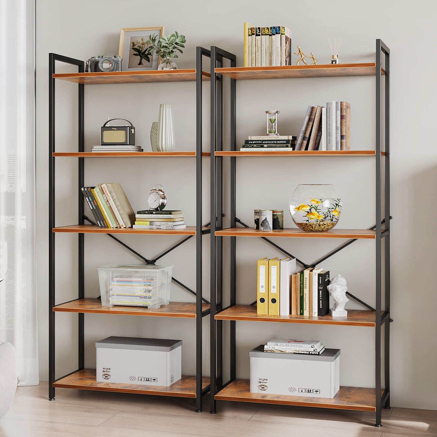 5-Tier Bookshelf, Freestanding Book Shelf, Home Office Bookcase, Storage Shelving Unit for Bedroom, Living Room, Vintage
