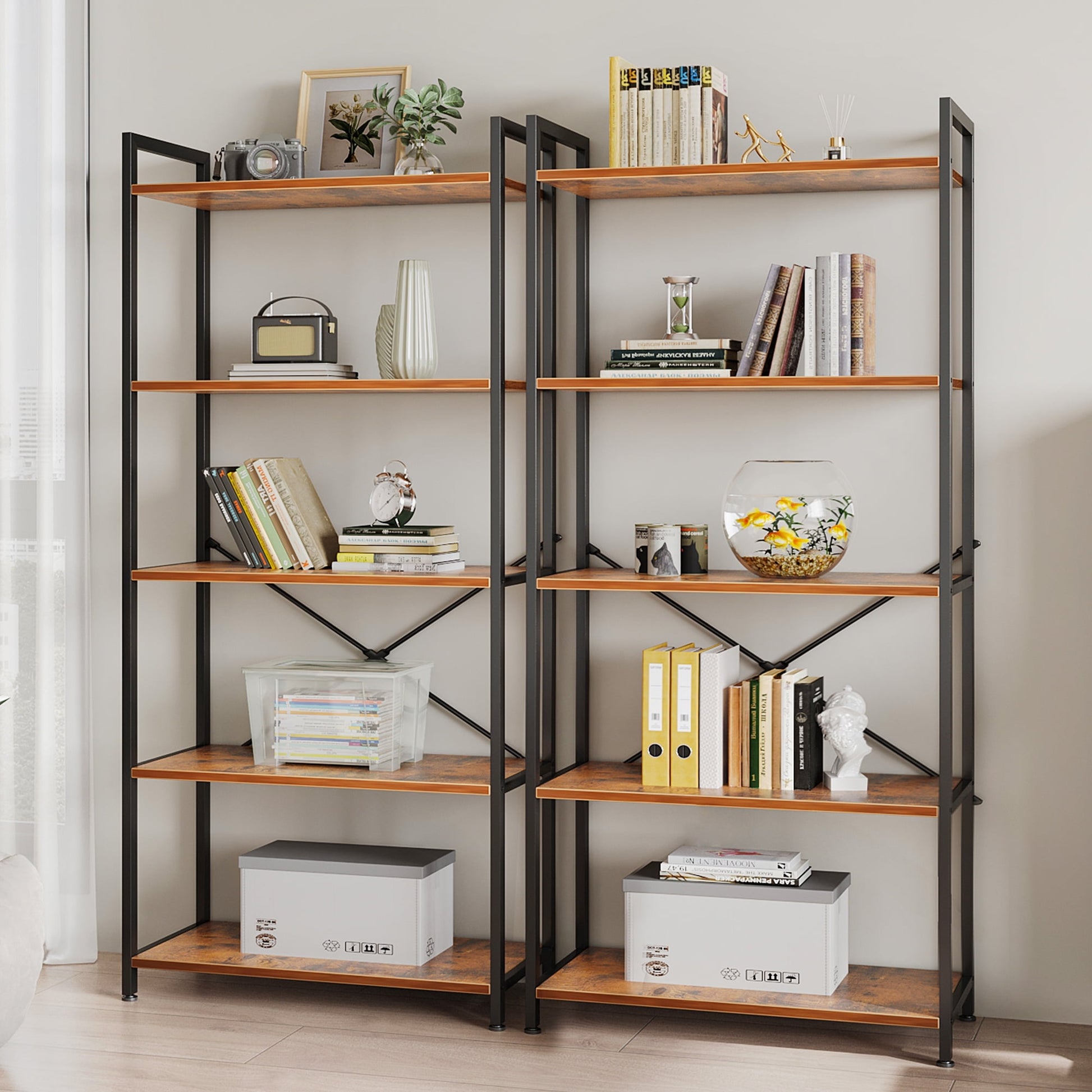 5-Tier Bookshelf, Freestanding Book Shelf, Home Office Bookcase, Storage Shelving Unit for Bedroom, Living Room, Vintage