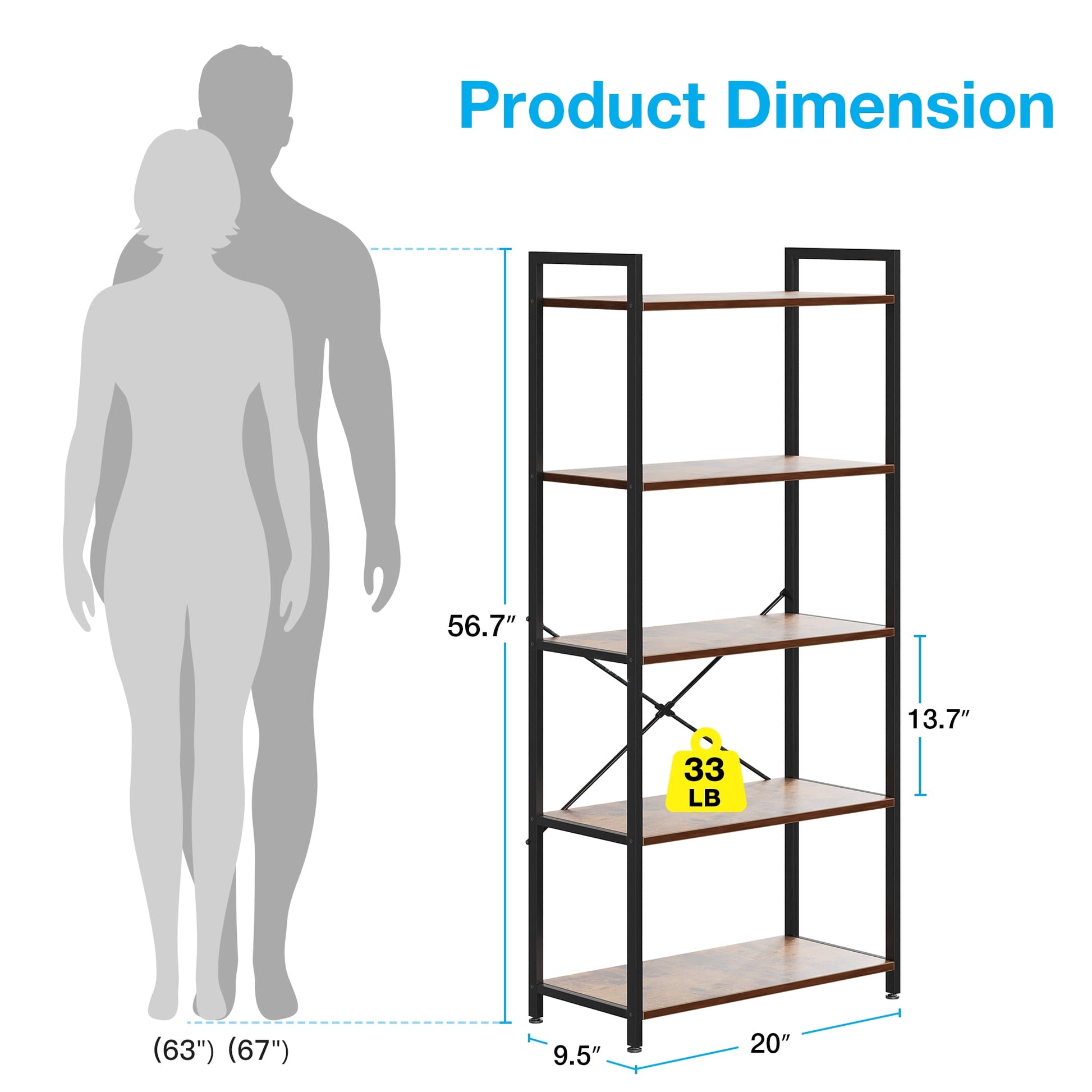 5-Tier Bookshelf, Freestanding Book Shelf, Home Office Bookcase, Storage Shelving Unit for Bedroom, Living Room, Vintage