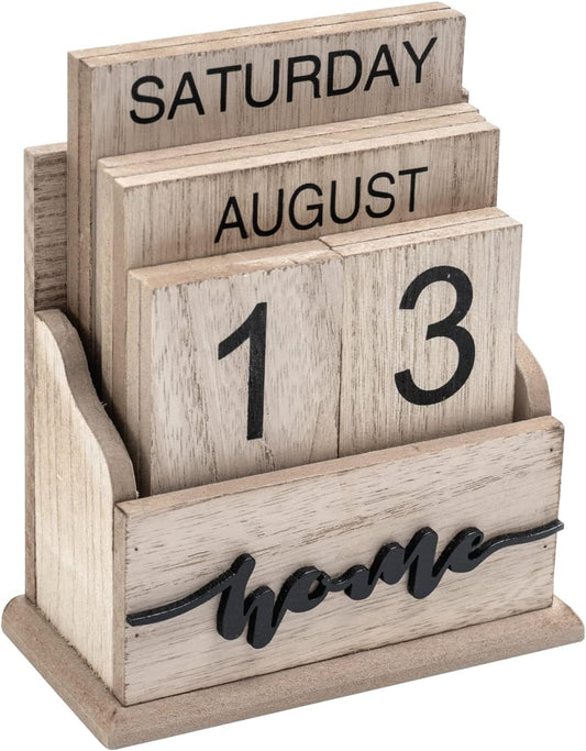 Perpetual Calendar Wooden Calendar Blocks Vintage Wood Block Calendar for Home Office Desk Accessories Week Month Date Display (Wood Color Home)