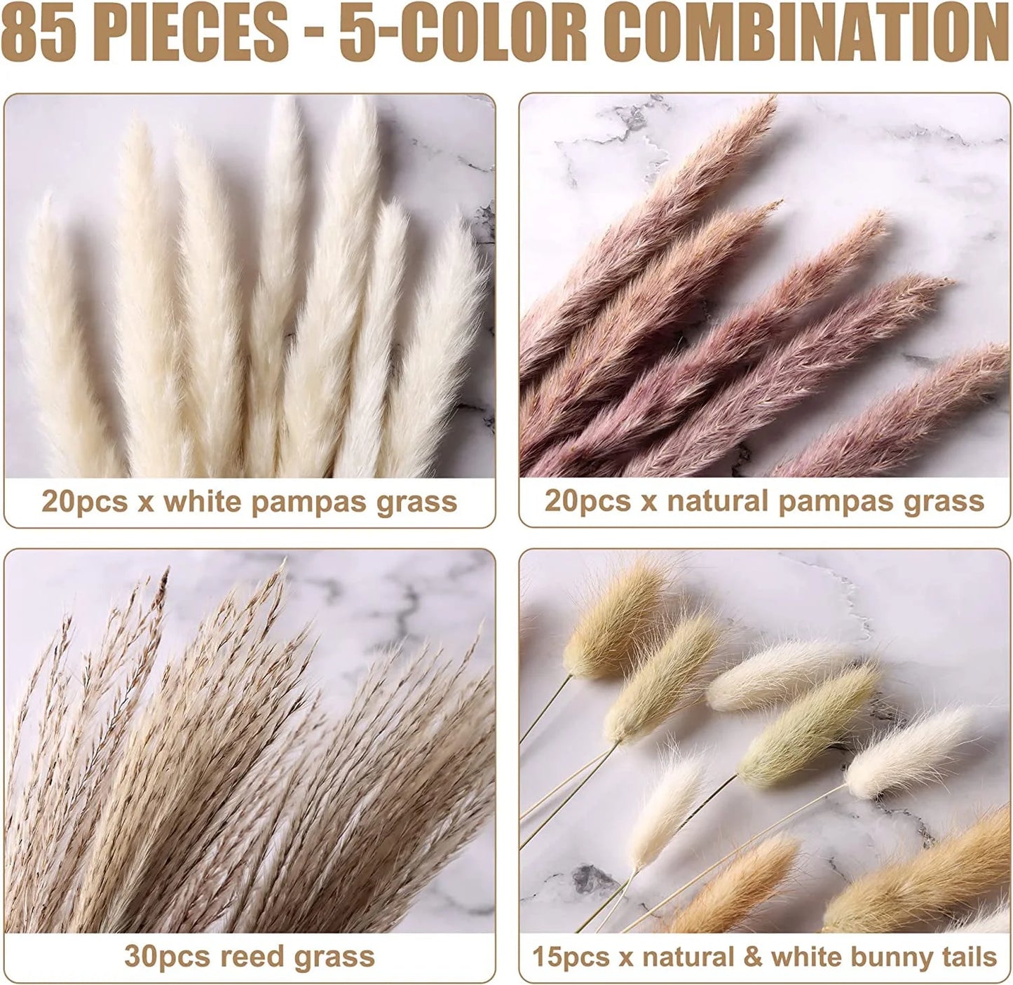 85 Pcs Natural Dried Pampas Grass Boho Home Decor Dried Flowers for Wedding Floral Arrangements Wall Bathroom Décor Spring Decor