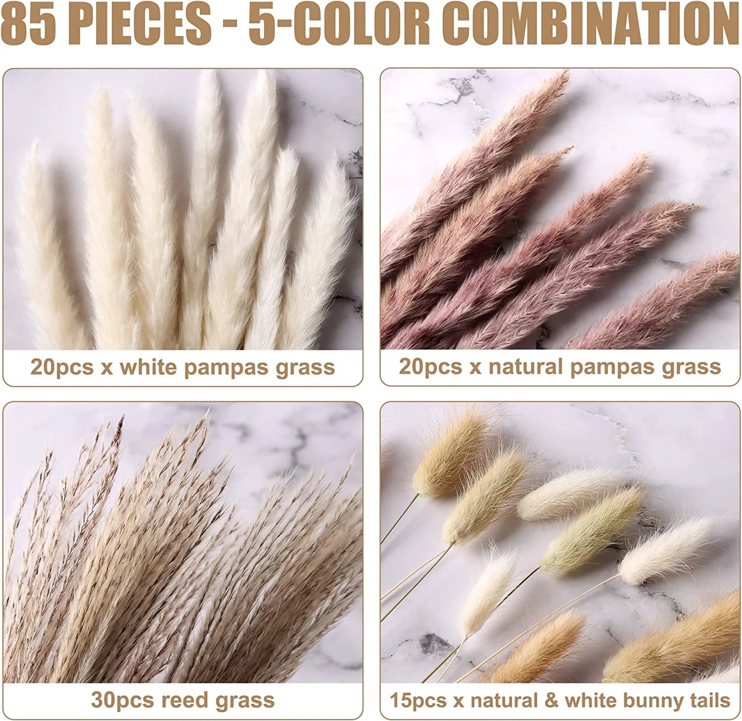 85 Pcs Natural Dried Pampas Grass Boho Home Decor Dried Flowers for Wedding Floral Arrangements Wall Bathroom Décor Spring Decor