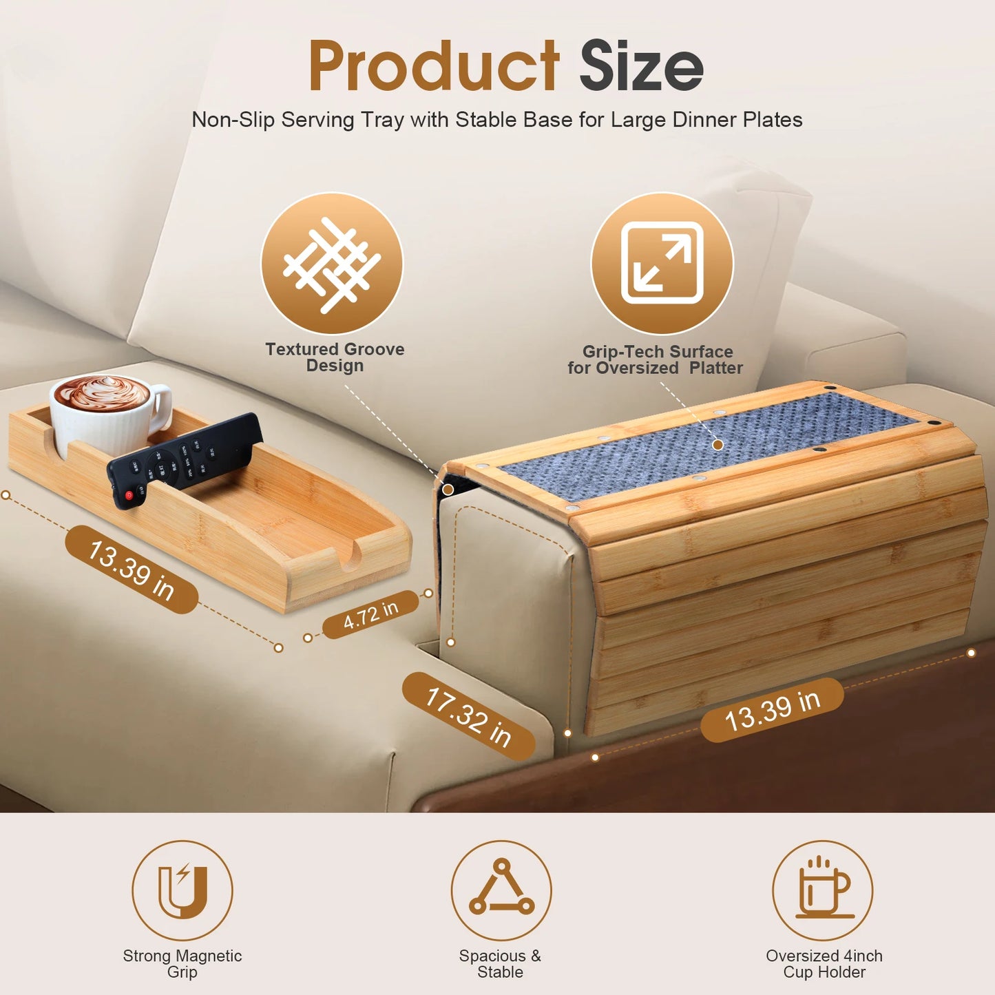 3-In-1 Magnetic Bamboo Sofa Tray Table - Detachable Couch Cup Holder with Anti-Slip Pad, Armrest Organizer for Drinks, Snacks