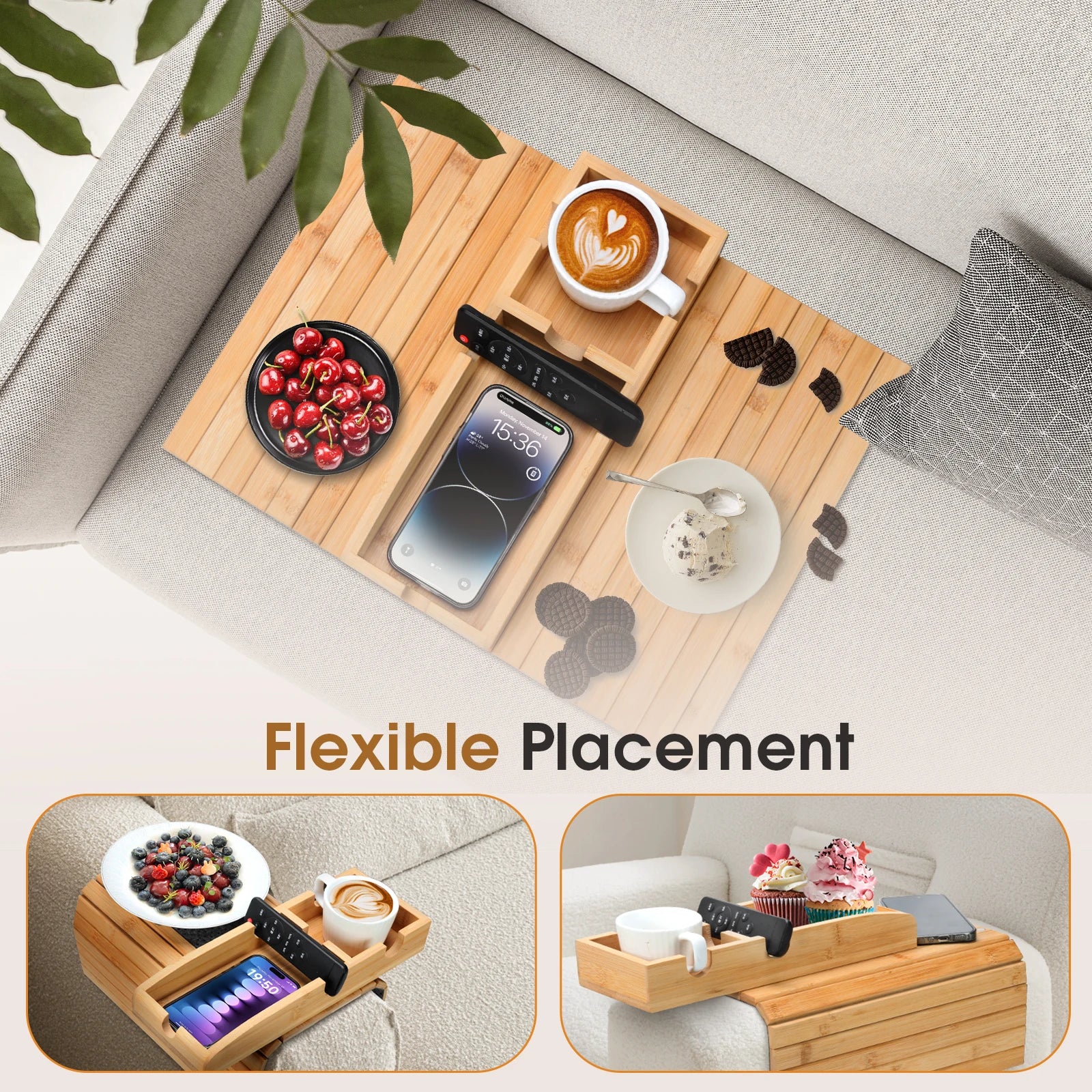 3-In-1 Magnetic Bamboo Sofa Tray Table - Detachable Couch Cup Holder with Anti-Slip Pad, Armrest Organizer for Drinks, Snacks