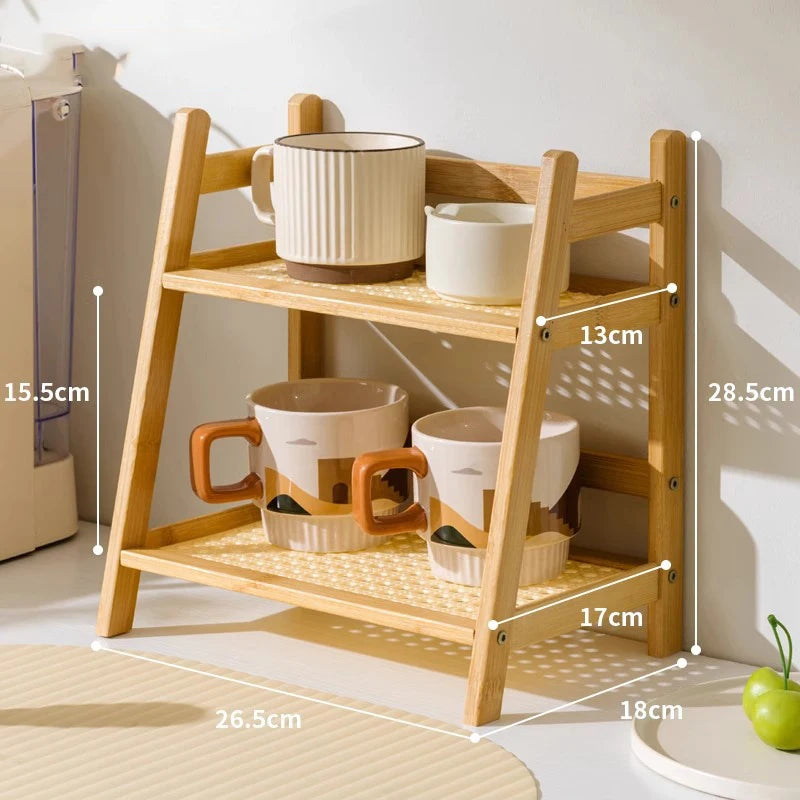 Countertop Organizer 2 Layer Coffee Cup Holder Multipurpose Bamboo Storage Shelf for Hotel Apartment Dressing Table Kitchen Home