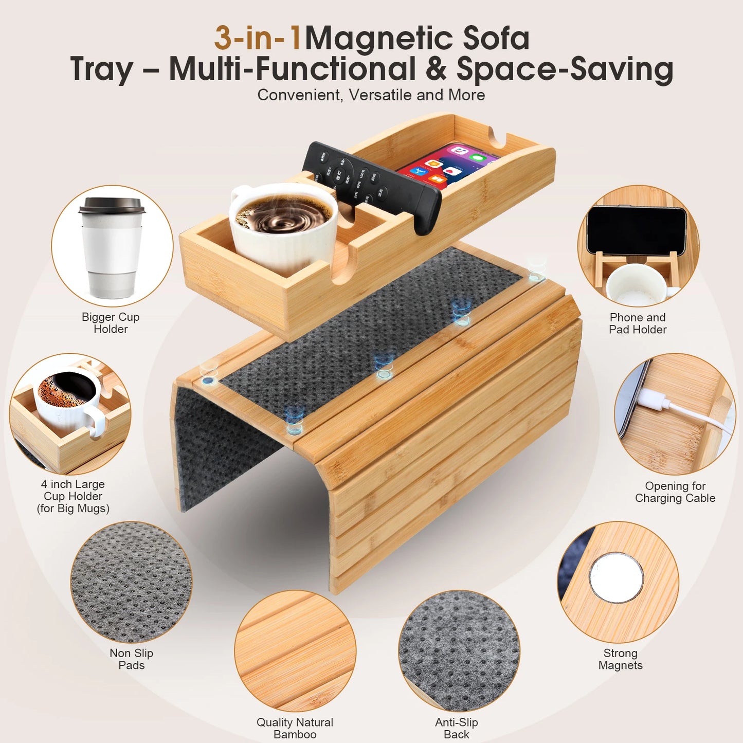 3-In-1 Magnetic Bamboo Sofa Tray Table - Detachable Couch Cup Holder with Anti-Slip Pad, Armrest Organizer for Drinks, Snacks
