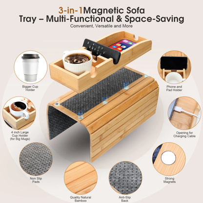 3-In-1 Magnetic Bamboo Sofa Tray Table - Detachable Couch Cup Holder with Anti-Slip Pad, Armrest Organizer for Drinks, Snacks