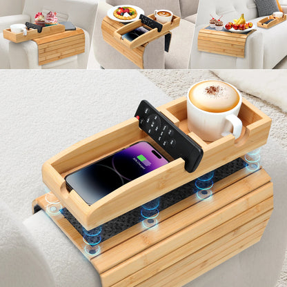 3-In-1 Magnetic Bamboo Sofa Tray Table - Detachable Couch Cup Holder with Anti-Slip Pad, Armrest Organizer for Drinks, Snacks
