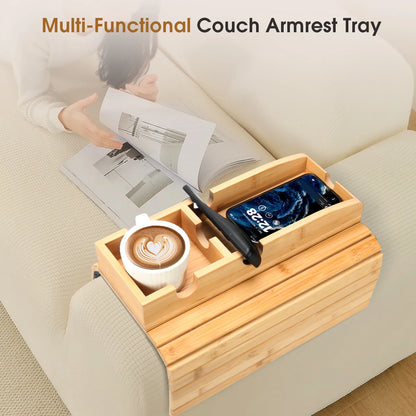 3-In-1 Magnetic Bamboo Sofa Tray Table - Detachable Couch Cup Holder with Anti-Slip Pad, Armrest Organizer for Drinks, Snacks