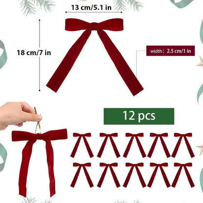 Red Velvet Christmas Bows – Set of 12 Premade Holiday Bows for Wreaths, Christmas Tree, Garland, Gift Wrapping, Indoor & Outdoor Decorations